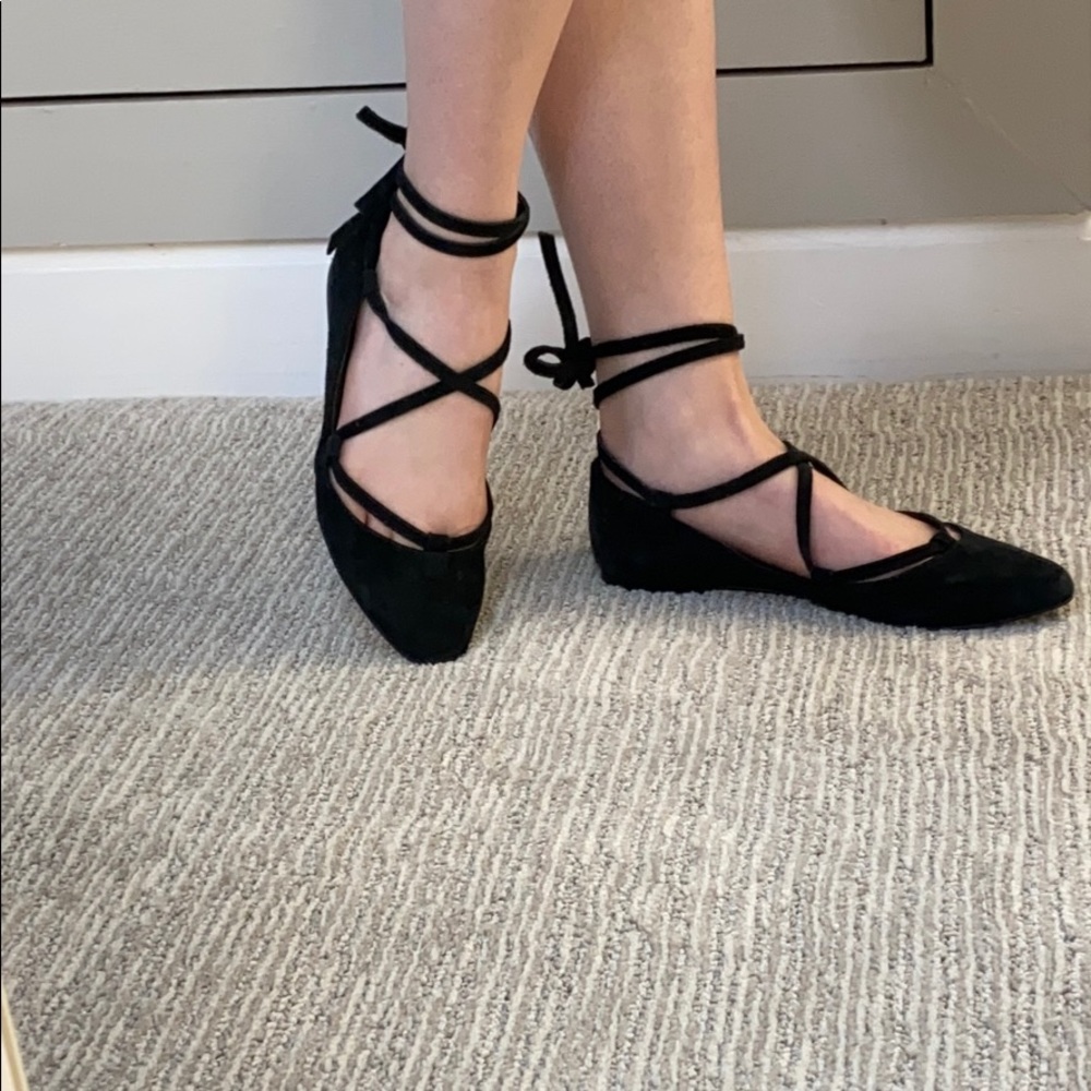 Black leather lace up ballet flats